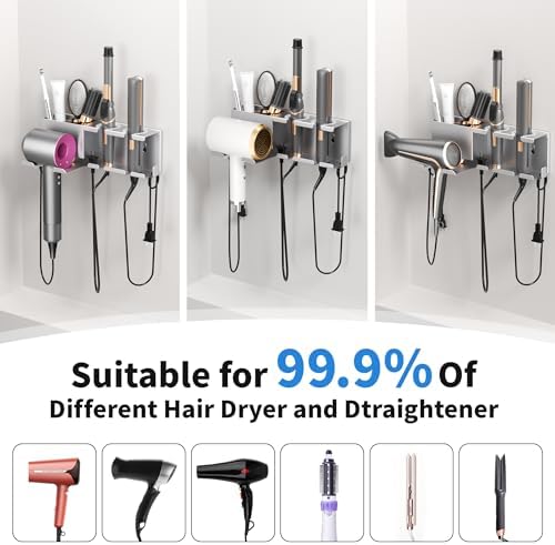 Hair Dryer Holder, Hair Tool Organizer, Blow Dryer Hanger Wall Mount for Dryer Hook, Bathroom Space-Saving Blow Dryer Organizer, Curling Irons Storage Wall Mounted (Gray) - Image 6