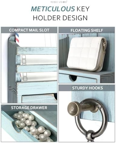 Rebee Vision Key Holder Wall Mount with Shelf for Entryway, Distressed Blue - Image 3