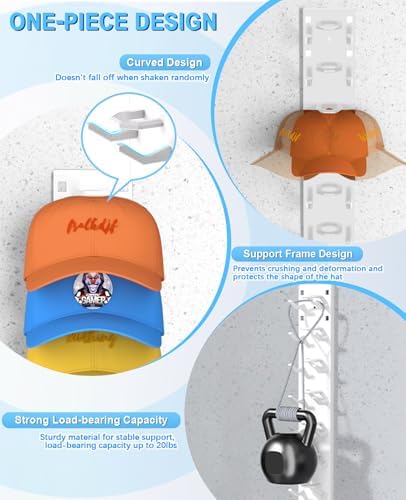 4 Pack Hat Organizer for Baseball Caps, Strong Adhesive Hat Rack for Wall, Multilayer Hat Storage Display Holder for Door Closet, Cap Organizer Storage Wall Mounted Hat Hooks Hold up to 36 Hat (White) - Image 2