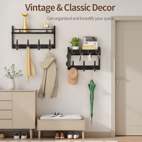29 inch Coat Rack Wall Mount with Shelf, Heavy Duty Coat Hooks Wall Mount, Entryway Coat Hanger Wall Shelf with Key Holders and Mail Organizer for Living Room, Bedroom, Bathroom, Black - Image 4