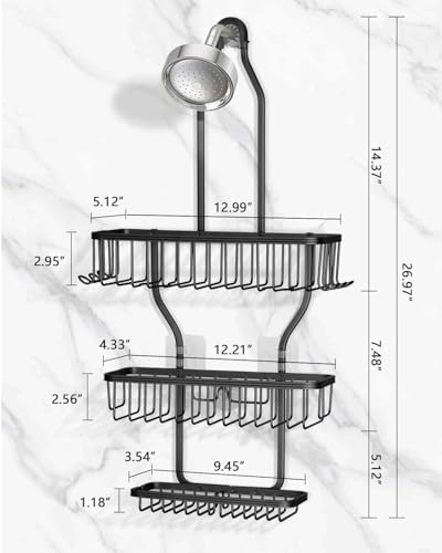 Shower Caddy Hanging - Never Rust Shower Hanging Organizer - Aluminum Over the ShowerHead Caddy with Soap Basket and 6 Hooks for Razor/Sponge (Black) - Image 2