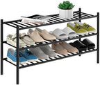 ROMGUAR CRAFT 3-Tier Bamboo Long Shoe Rack, Free Standing Wood Shoe Shelf Storage Organizer for Closet Entryway Stackable 35"x11"x20" (Black) by ROMGUAR+CRAFT