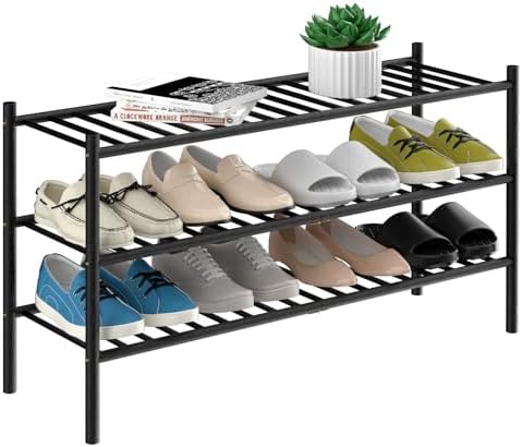 ROMGUAR CRAFT 3-Tier Bamboo Long Shoe Rack, Free Standing Wood Shoe Shelf Storage Organizer for Closet Entryway Stackable 35"x11"x20" (Black) by ROMGUAR+CRAFT