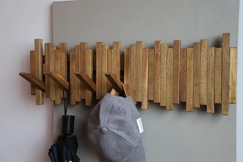 Natural Wood Wall Mounted Piano Coat Rack| Coat Rack Wall Mount| Flip Down Wall Hook Rack 7 Hooks| Entryway Wall Art Hook,Made of Acacia Wood (Wood Wax Oil staining Light Brown). - Image 3
