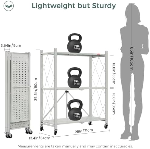 DEANIC 3 Tier Foldable Storage Shelves with Wheels, Kitchen Appliance Stand, Freestanding Metal Wire Shelf Rack, No Assembly Organizer Rolling Cart for Garage, Basement, Pantry(Grey) - Image 3