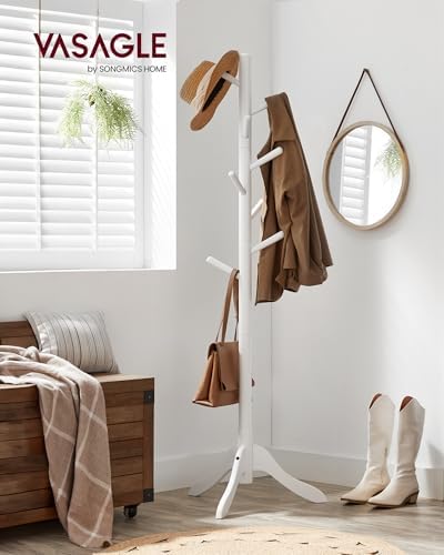 VASAGLE Solid Wood Coat Rack, Free Standing Tree-Shaped Coat Rack with 8 Hooks, 3 Height Options, for Clothes, Hats, Bags, Living Room, Bedroom, Home Office, Cloud White URCR01WT - Image 2
