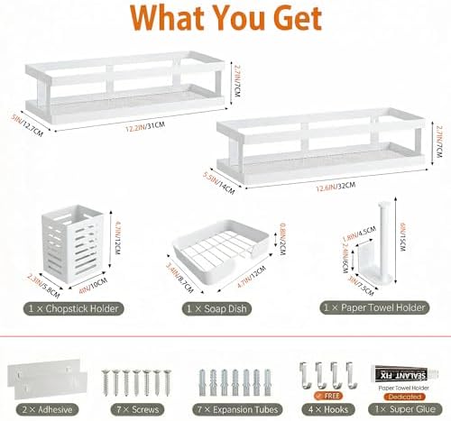 PUSDON 5-in-1 Shower Caddy & Kitchen Organizer Set, Wall Mount Wide Spice Rack with Paper Towel Holder, Utensil Holder, Soap Dish, Rustproof Mesh Baskets Hold 50LBS - White, Guardrail - Image 3