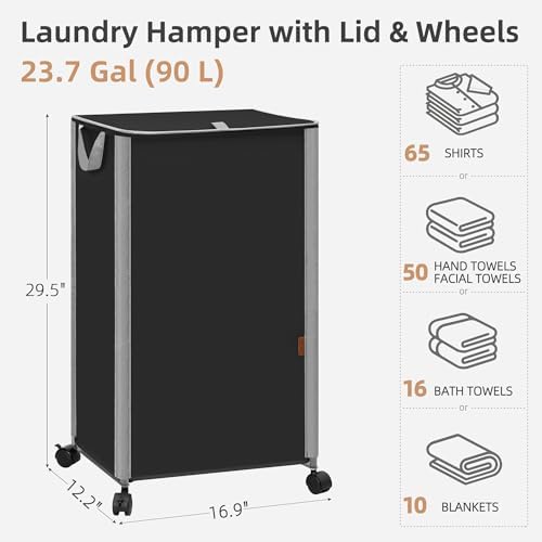 STORAGE MANIAC Rolling Laundry Hamper with Lid, 23.7 Gal (90 L) Large Tall Laundry Basket with Wheels & Handles, Aesthetic Dirty Clothes Hamper for Small Space, Dorm, Apartment, College, Black - Image 3
