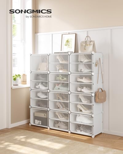 SONGMICS Shoe Rack, 12-Tier with Doors, 48-Pair Storage Cabinet | Shoe Organizer, Steel Frame, Plastic Panel, Bedroom, Entryway, Cloud White and Transparent, DAMION Collection ULPC040W01 - Image 2