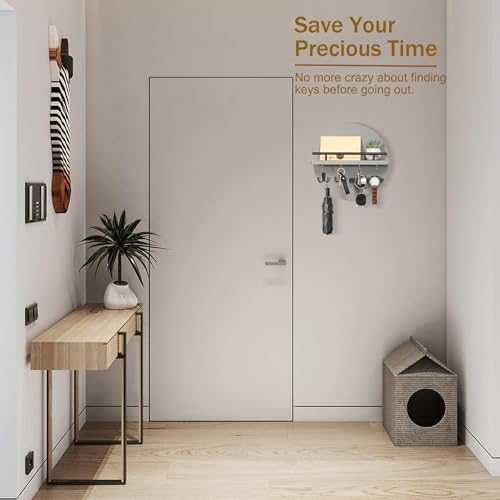 Key Holder for Wall Decorative with Shelf and Hooks, Unique Mail Organizer Wall Mount with Sunglasses Holder, Cute Circular Design Entryway Key Rack Hanger, Rustic Home Decor Boho Wall Decor (grey) - Image 5