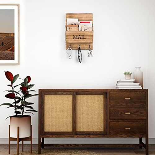 DLQuarts Mail Organizer with Key Holder for Wall Decorative Mail Sorter Wall Mounted, Wooden Mail Holder with 3 Hooks, Carbonized Brown - Image 2