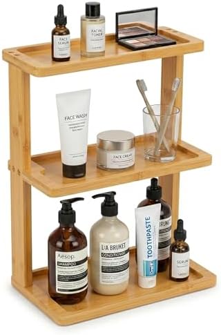 PEKER Bamboo Bathroom Organizer Countertop – Vanity Storage Shelf for Makeup, Perfume, Skincare – Natural Cosmetics Display Rack for Dresser, Sink, Kitchen – Natural by Unknown