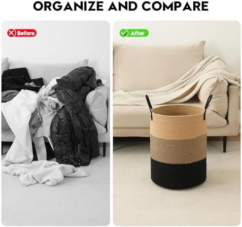 Laundry Basket Hamper Tall Rope Storage Woven for Blanket toys Dirty Clothes in Living Room Bathroom Bedroom (Jute Brown & Black, 60L/15.8Gal) - Image 5