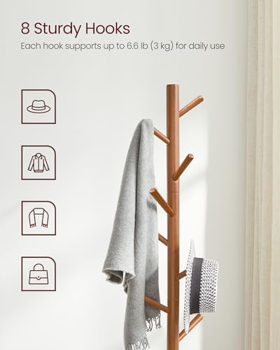VASAGLE Solid Wood Coat Rack, Free Standing, Tree-Shaped, with 8 Hooks - Image 3