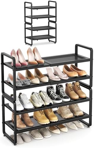 SAYZH Expandable Shoe Rack for Closet, Adjustable Metal Shoe Organizer with Sturdy Mesh Shelves for Boots & Heels, Stackable Shoe Storage for Entryway, Garage, Small Spaces (Black, 4-Tier) by SAYZH