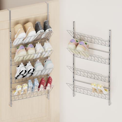 SWTYMIKI Over the Door Shoe Organizer - Adjustable 4 Tier Hanging Shoe Rack Organizer, Metal Heavy Duty Behind Door Storage or Wall Mount Shoes Shelf for Flats, Heels, Sneakers, Boots, Silver by SwtyMiki-TidyHomeSweetLife