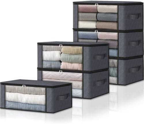 HomeHacks 6-Pack Clothes Organizer Storage Bags Foldable Storage Box with Large Clear Window Sturdy Handles for Closet, Dorm, Pillows, Bedding, Clothes, Stuffed Toys, Blankets, 35L, Grey | Foldable Storage Box Container with Zippers, Clear Window, Rein... by HomeHacks