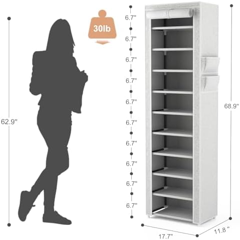 VTRIN Vertical Narrow Shoe Rack Organizer Tall Shoe Rack for Closet Entryway 10 Tier Non-Woven Cover Shoe Shelf Holds 20-22 Pairs Free Standing Shoe Storage Cabinet with Dustproof Cover, Multi Color - Image 3