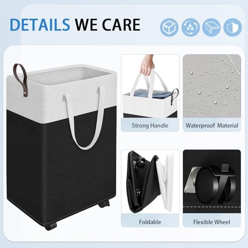 HomeHacks 75L Rolling Laundry Basket with 4 Wheels Collapsible Black - Image 3