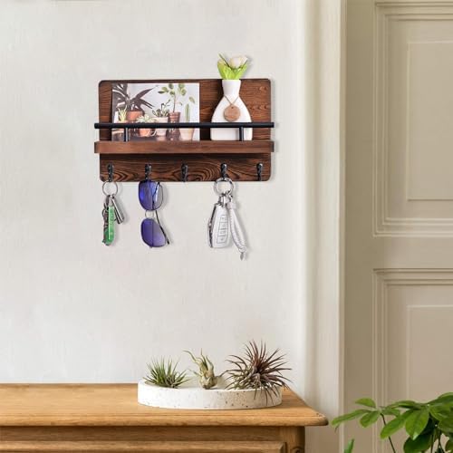 Key Holder for Wall with Mail Holder, Decorative Wooden Key Holder Wall Mount, Mail Rack Organizer with Shelf for for Entryway Office Hallway Home Decor, Rustic Brown - Image 2