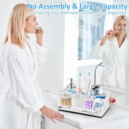 Bathroom Organizer Countertop, White Marble Toothbrush Holders for Bathrooms with 3PCS Qtip Holder Dispenser, Toothbrush and Toothpaste Holder for Bathroom Counter Organization Storage Vanity - Image 2