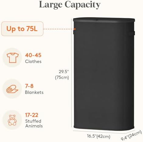 Lifewit Slim Laundry Basket with Lid and Removable Bag, 75L, Black - Image 3