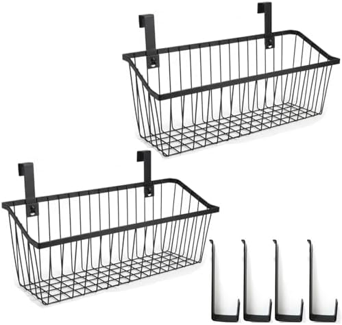 LeleCAT Grid Storage Baskets with Hooks, Over Cabinet Door Organizer, Wire Basket Hanging Storage Organizer, Kitchen Bathroom Organizer (Black, Extra Large) by HomeSpaceStorageBasket