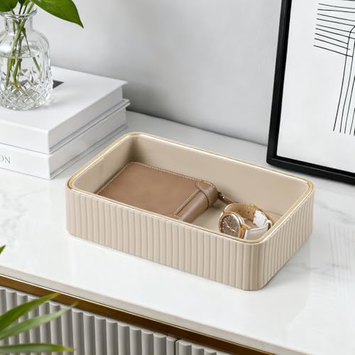 Desk Organizer Tray, PU Leather Nightstand Organizer, Beige, Small - Image 2