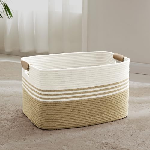 60L Woven Laundry Basket Hamper with Leather Handles,Khaki by SunNewt