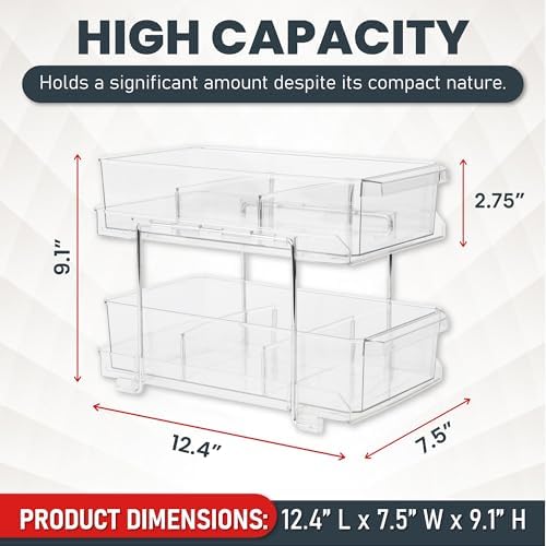 Masirs 2-Tier Clear Pull-Out Drawer Organizer - Sleek, Compact & Sturdy Makeup and Closet Organizer - Easy Assembly Kitchen Storage Solution, Ideal for Makeup, Tools, Medicines & Snacks - Image 3