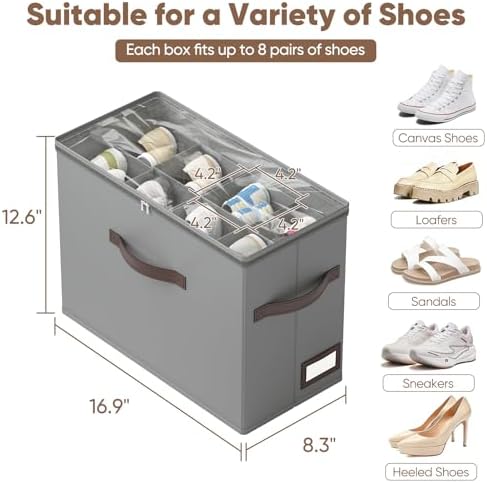 OIAHOMY 2 Pack Shoe Organizer for Closet, Foldable Shoe Storage Bins with Adjustable Dividers, Stackable Oxford Cloth Sneaker Boxes for Entryway Bedroom, Fits Up to 16 Pairs, Grey - Image 3