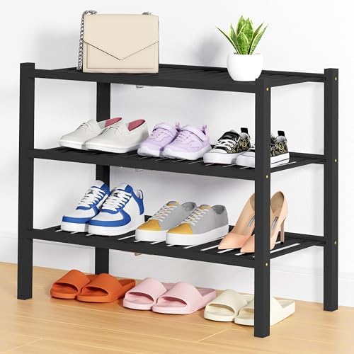 Smiry Bamboo Shoe Rack, 14 Vertical Slats, 3 Tier - 26.8" Wide, Black by Smiry