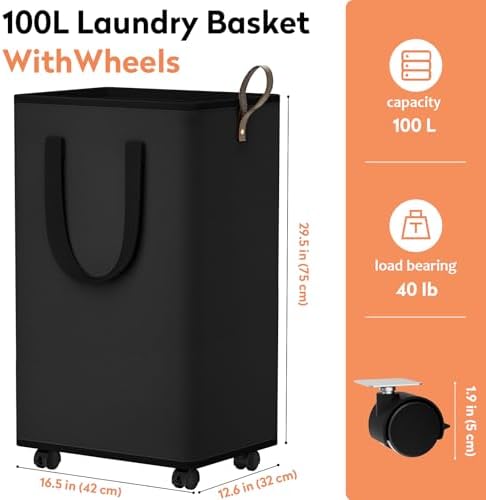 SpaceTrove Rolling Laundry Basket with Wheels, Laundry Hamper, 100L, Black - Image 2