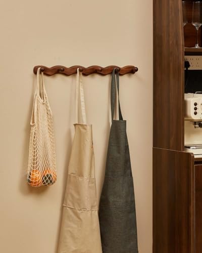 Wood Coat Rack Wall Mount - Walnut Coats Hook Hanger Wall-Mounted, Wave-Shaped Entryway Hanging Racks with 6 Hooks for Jacket Keys Hats Robes Towels Bags, Living Room Mudroom Bathroom Bedroom Hallway - Image 4