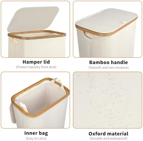 iEGrow Slim Laundry Hamper,75L Beige Narrow Laundry Basket with Lid,Foldable Clothes Hamper with Bamboo Handles,Hamper Basket with Removable Inner Bag for Laundry Room Bedroom College Dorm - Image 3