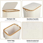 iEGrow Slim Laundry Hamper,75L Beige Narrow Laundry Basket with Lid,Foldable Clothes Hamper with Bamboo Handles,Hamper Basket with Removable Inner Bag for Laundry Room Bedroom College Dorm - Image 3