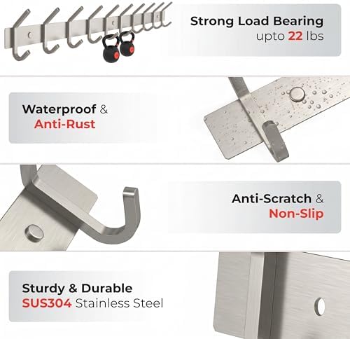 Coat Rack Wall Mount – Brushed Nickel 30 Inch Stainless Steel Hook Rail with 10 Heavy Duty Double Coat Hooks – Wall Mounted Coat Hanger for Entryway, Bathroom, Bedroom, Towel, Hat Organizer - Image 4