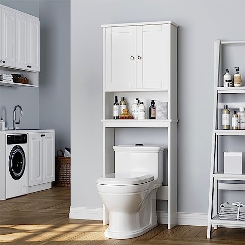Over the Toilet Storage Cabinet, Bathroom Storage Organizer Over Toilet, Space Saver W/Adjustable Shelf & Open Shelf, White - Image 3