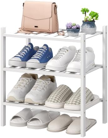 viewcare Small Shoe Rack for Entryway, White Shoe Organizer for Closet, Bamboo Wood Standing Shoe Shelf for Indoor Outdoor (White, 3-Tier_Samll) by VIEWCARE