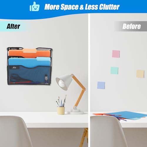 EASEPRES 3 Pocket Mesh Hanging Wall File Organizer with Hangers & Nametag Label, Wall Mounted Mail Paper Document Folder Holder, Clipboard Storage Organization Magazine Rack for Office Cubicle, Black - Image 4