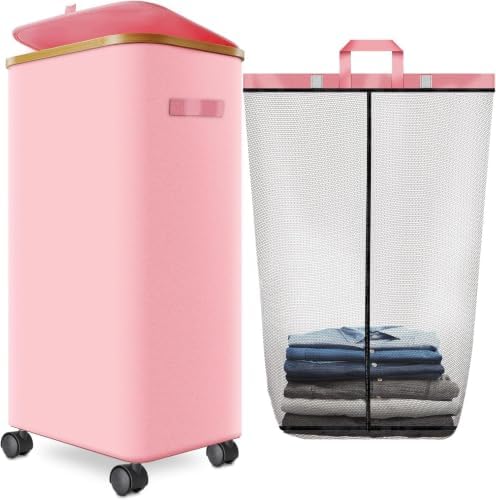 Laundry Hamper with Wheels, 110L Rolling Laundry Basket with Lid by Wuevu