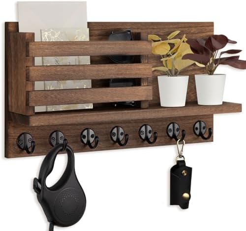 Lwenki Key Holder for Wall – Decorative Wooden Mail Holder and Key Shelf with Mounting Hardware, Installation Guide – Paulownia Wood with Metal Key Hooks (Brown, Extra Large - 15.6inch) by Lwenki