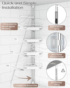 ALLZONE Corner Shower Caddy Tension Pole, Extendable Rustproof Stainless Steel Pole & 4-Tier Adjustable Shelves for Easy Drainage and Built-to-Last Stability, 34 to 116 Inches, White - Image 4