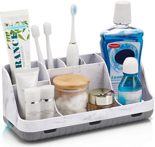 GFWARE Marble Bathroom Countertop Organizer - Detachable 7 Slots Kids Electric Toothbrush and Toothpaste Holde Drainage for Bathroom Accessories Organization Counter Vanity Storage, Grey by GFWARE