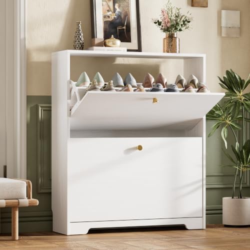 Nicetree Shoe Cabinet with 2 Flip Drawers, Narrow Shoe Organizer Cabinet, Freestanding Shoe Rack Cabinet, Modern Shoe Storage Cabinet for Entryway, Hallway, Foyer, White by Nicetree