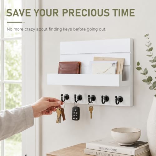 HONJIN Key Holder Wall Mount with Shelf and 5 Sturdy Key Hooks (White) - Image 3