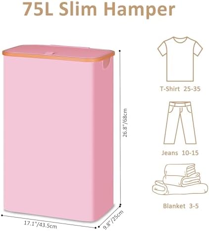Vincona Slim Laundry Basket with Lid, Narrow Dirty Clothes Hampers for Laundry with Handle, Skinny Laundry Bin for Laundry Room, Dorm, Bedroom and Bathroom, 19.8 Gallon (75L) Pink - Image 3