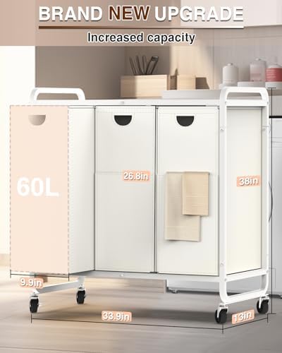Laundry Hamper 3 Section,Laundry Basket with Wheels,3×15.8 Gal (60L) White - Image 6