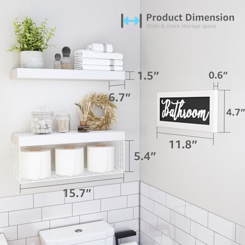 QEEIG ‎Bathroom Shelves Over Toilet - Paper Storage Wall Mounted Farmhouse Decor Decorations Aesthetic Décor Sign Small Floating Shelf 2+1 Set 16 inch, White (020WW) - Image 3