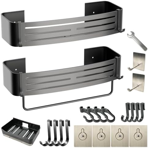 Gun Grey Adhesive Square Shower Caddy with Towel Bar, Soap Dish and Hooks by PHXGrove